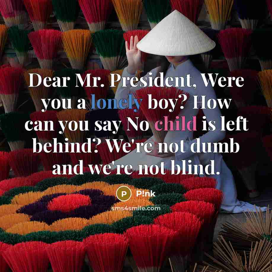 “Dear Mr. President, Were you a lonely boy? How can you say No child is left behind? We're not dumb and we're not blind.” quote by P!nk