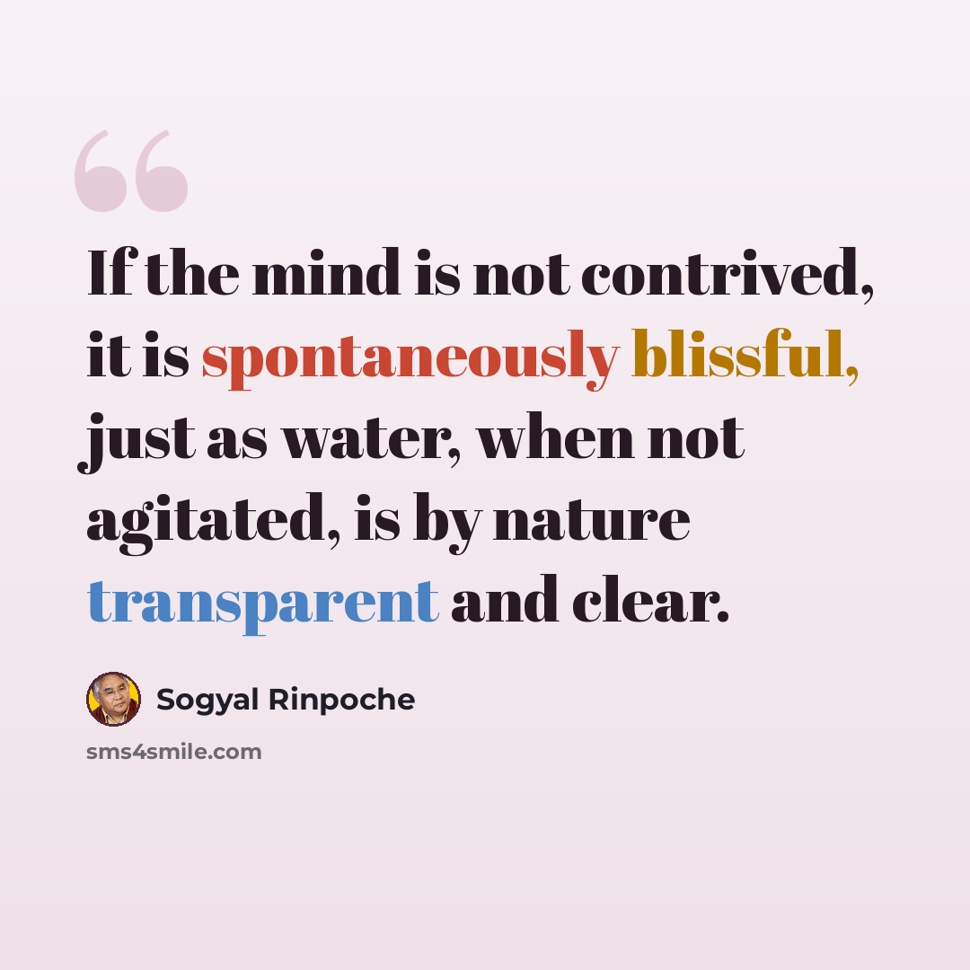 “If the mind is not contrived, it is spontaneously blissful, just as water, when not agitated, is by nature transparent and clear.” quote by Sogyal Rinpoche