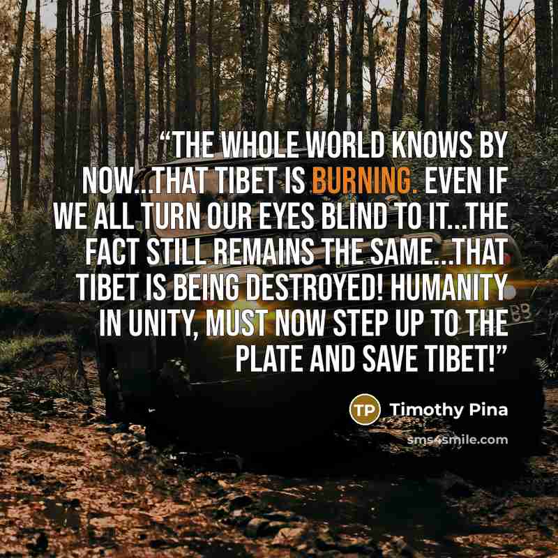 “The Whole World Knows By Now...That Tibet is Burning. Even If We All Turn Our Eyes Blind To It...The Fact Still Remains The Same...That Tibet Is Being Destroyed! Humanity In Unity, Must Now Step Up To The Plate And SAVE Tibet!” quote by Timothy Pina
