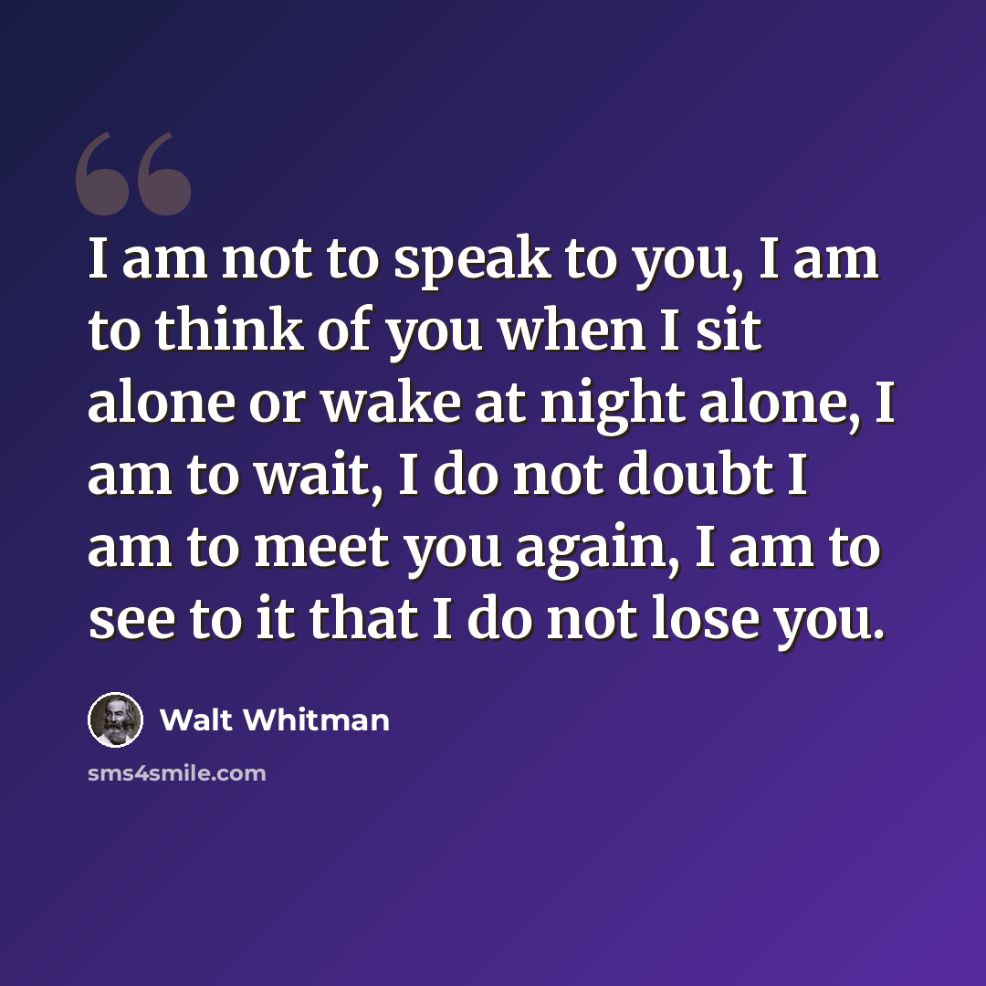 “I am not to speak to you, I am to think of you when I sit alone or wake at night alone, I am to wait, I do not doubt I am to meet you again, I am to see to it that I do not lose you.” quote by Walt Whitman