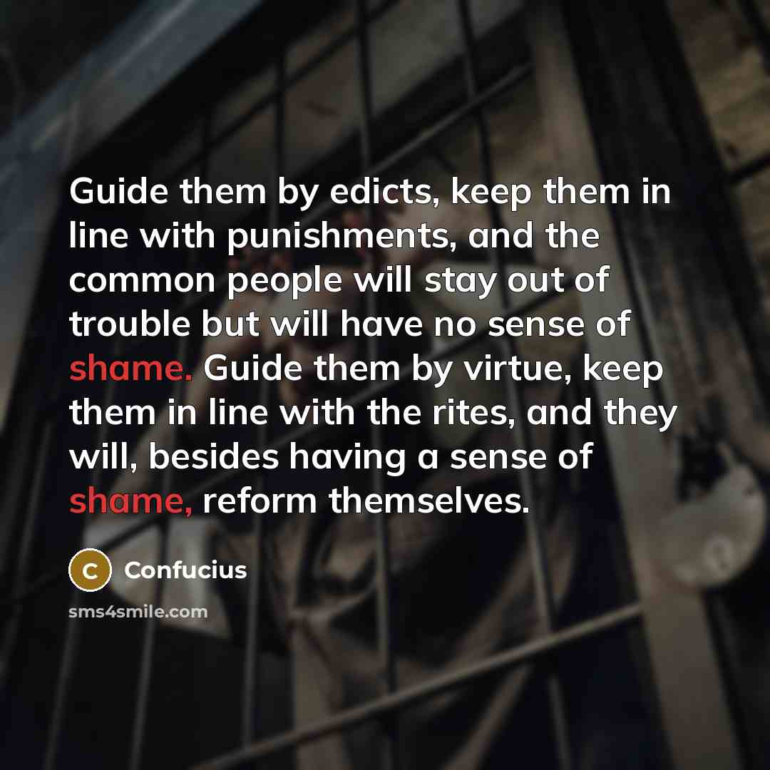 “Guide them by edicts, keep them in line with punishments, and the common people will stay out of trouble but will have no sense of shame. Guide them by virtue, keep them in line with the rites, and they will, besides having a sense of shame, reform themselves.” quote by Confucius