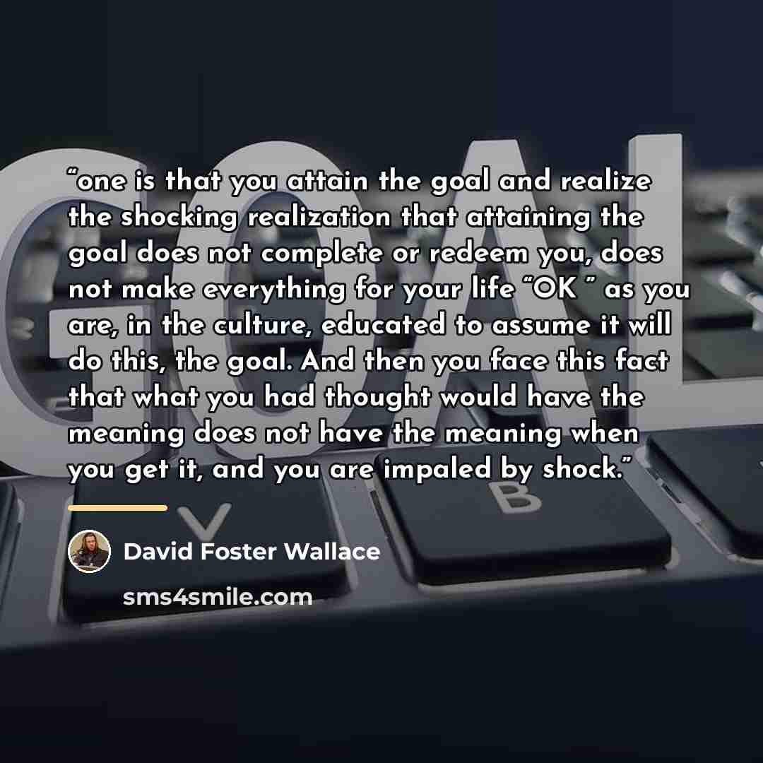 “one is that you attain the goal and realize the shocking realization that attaining the goal does not complete or redeem you, does not make everything for your life “OK ” as you are, in the culture, educated to assume it will do this, the goal. And then you face this fact that what you had thought…” quote by David Foster Wallace