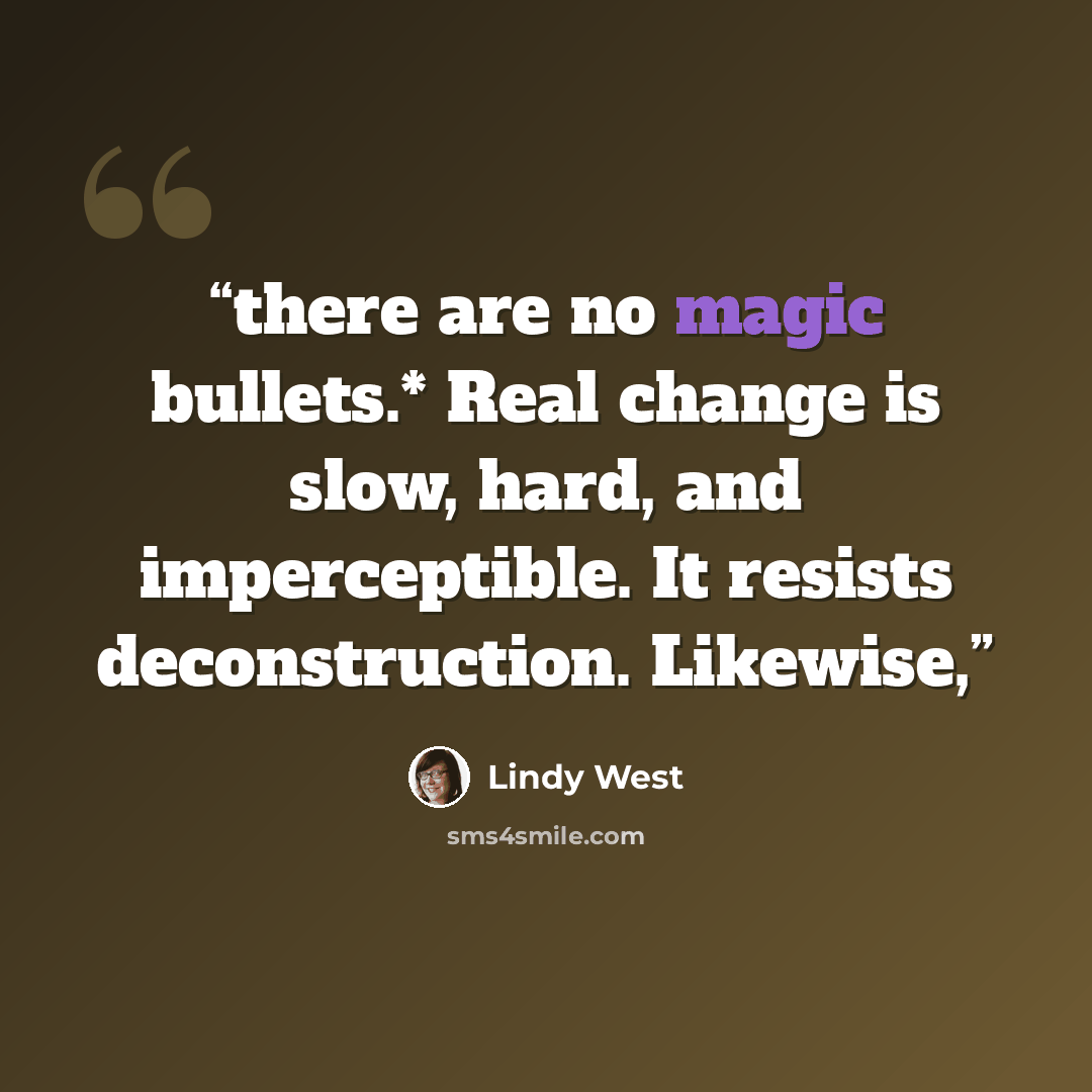 “there are no magic bullets.* Real change is slow, hard, and imperceptible. It resists deconstruction. Likewise,” quote by Lindy West