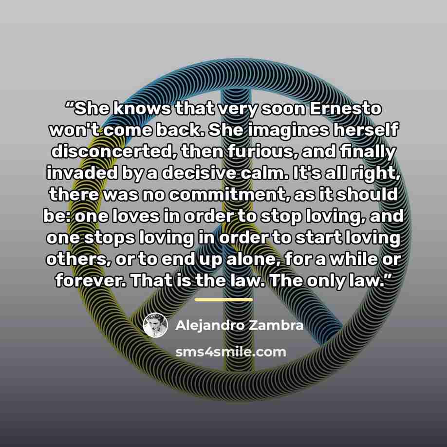 “She knows that very soon Ernesto won't come back. She imagines herself disconcerted, then furious, and finally invaded by a decisive calm. It's all right, there was no commitment, as it should be: one loves in order to stop loving, and one stops loving in order to start loving others, or to end up…” quote by Alejandro Zambra