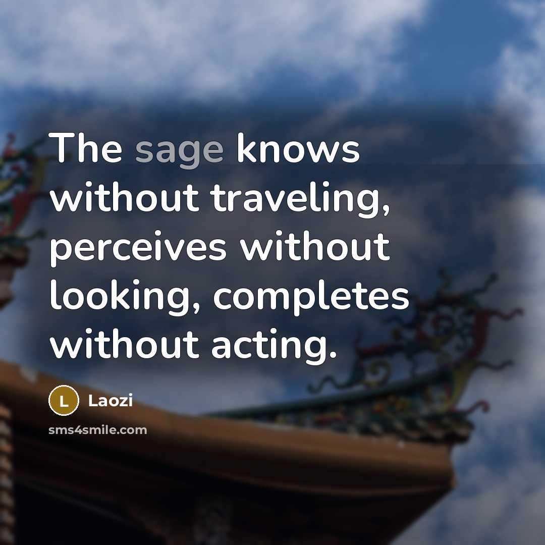 “The sage knows without traveling, perceives without looking, completes without acting.” quote by Laozi