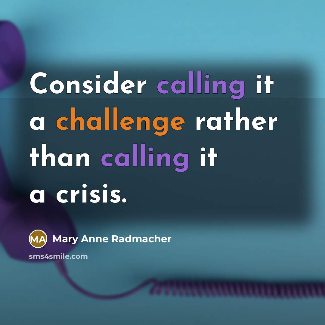 “Consider calling it a challenge rather than calling it a crisis.” quote by Mary Anne Radmacher
