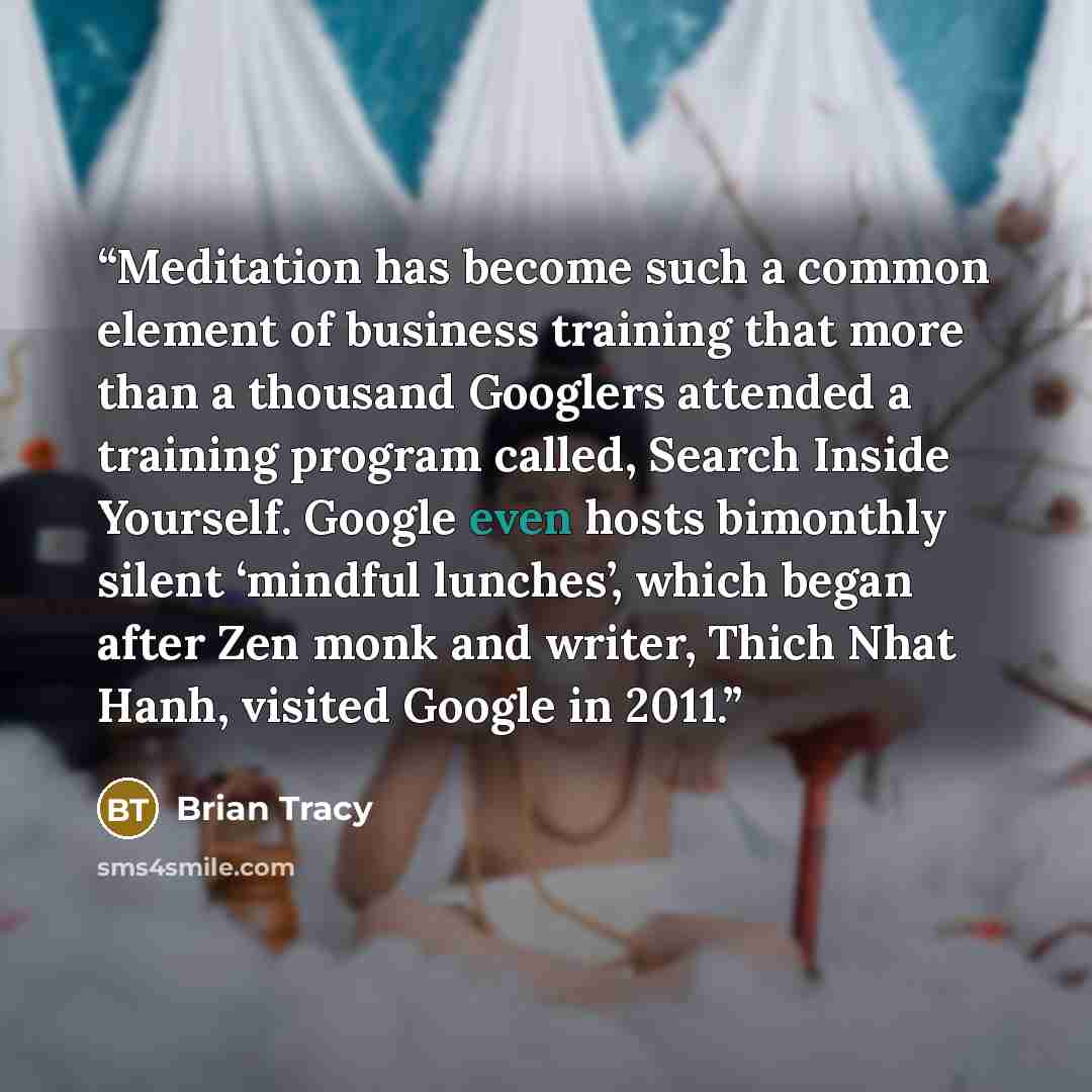 “Meditation has become such a common element of business training that more than a thousand Googlers attended a training program called, Search Inside Yourself. Google even hosts bimonthly silent ‘mindful lunches’, which began after Zen monk and writer, Thich Nhat Hanh, visited Google in 2011.” quote by Brian Tracy