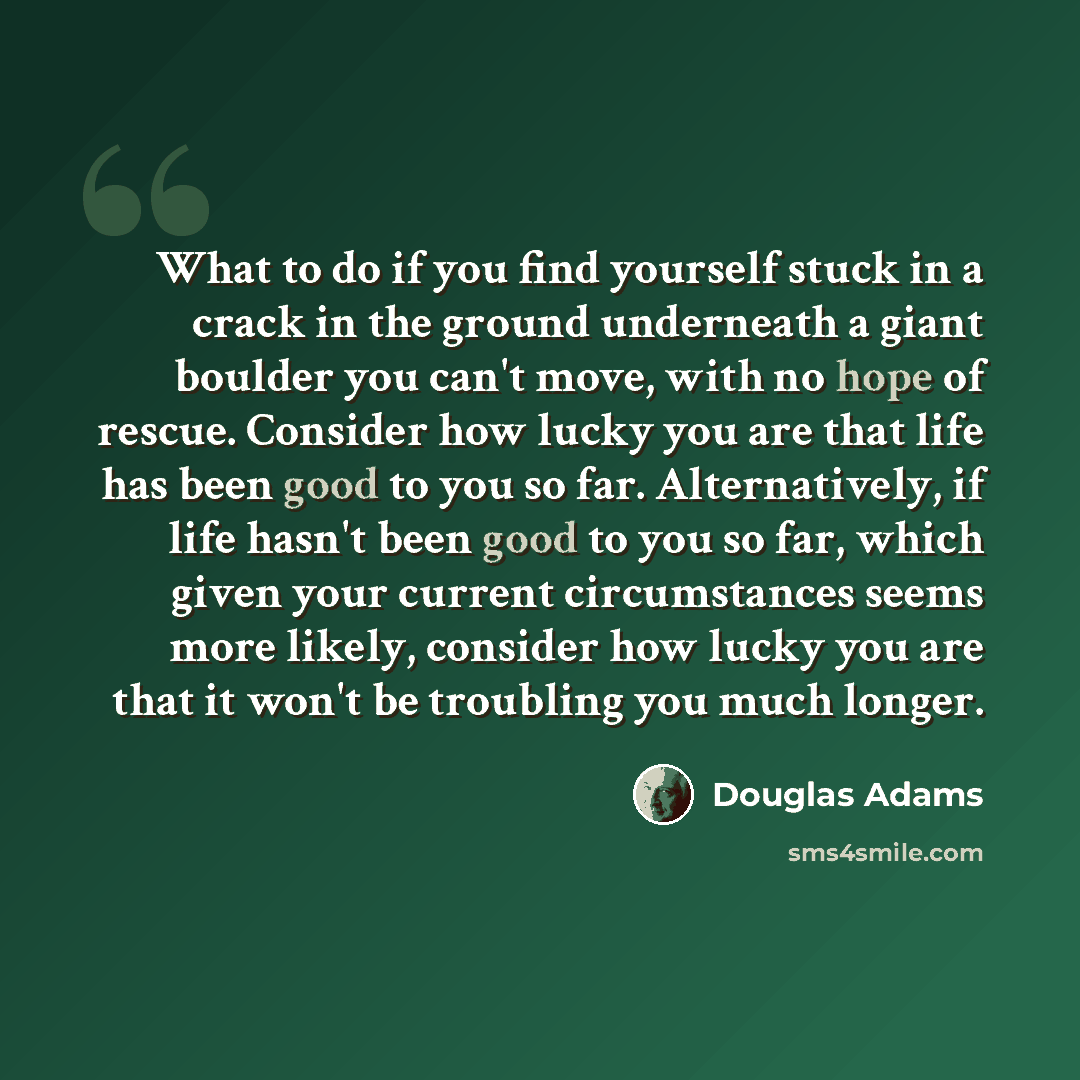 “What to do if you find yourself stuck in a crack in the ground underneath a giant boulder you can't move, with no hope of rescue. Consider how lucky you are that life has been good to you so far. Alternatively, if life hasn't been good to you so far, which given your current circumstances seems…” quote by Douglas Adams