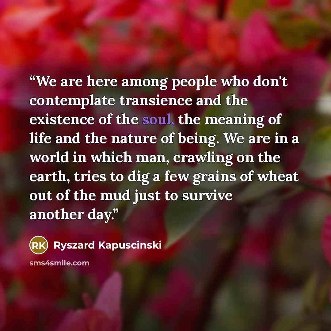 “We are here among people who don't contemplate transience and the existence of the soul, the meaning of life and the nature of being. We are in a world in which man, crawling on the earth, tries to dig a few grains of wheat out of the mud just to survive another day.” quote by Ryszard Kapuściński