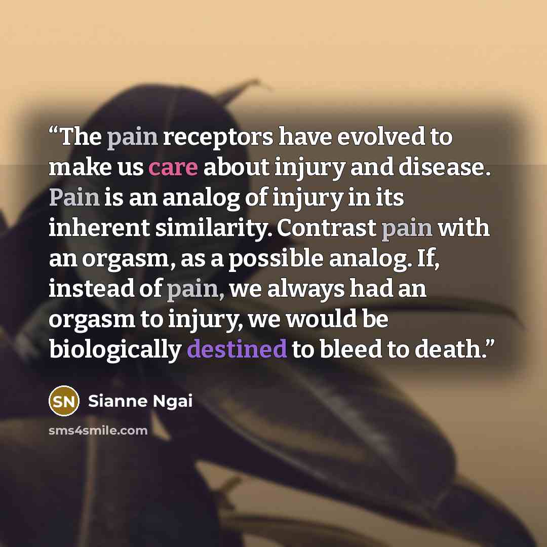 “The pain receptors have evolved to make us care about injury and disease. Pain is an analog of injury in its inherent similarity. Contrast pain with an orgasm, as a possible analog. If, instead of pain, we always had an orgasm to injury, we would be biologically destined to bleed to death.” quote by Sianne Ngai