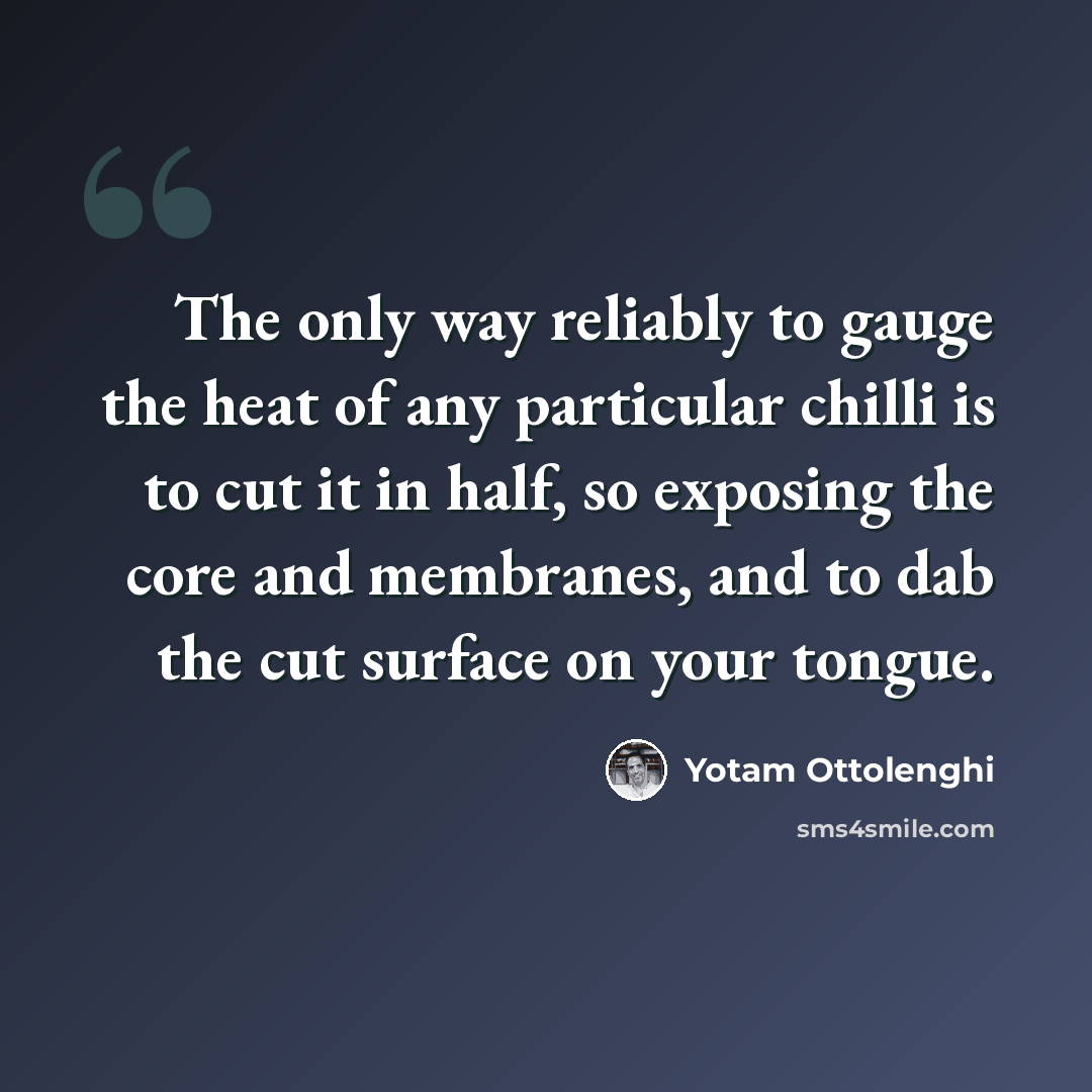 “The only way reliably to gauge the heat of any particular chilli is to cut it in half, so exposing the core and membranes, and to dab the cut surface on your tongue.” quote by Yotam Ottolenghi