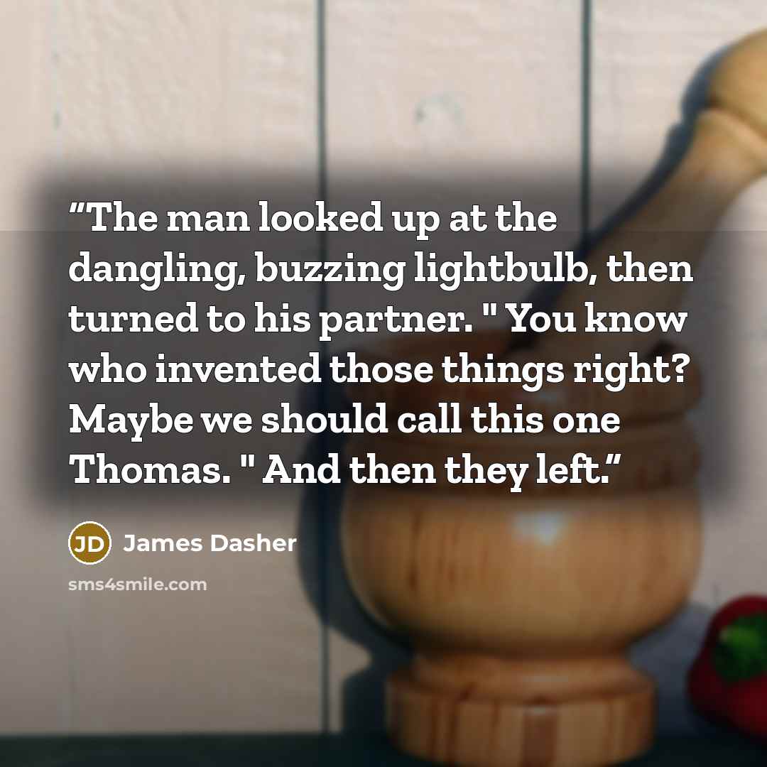 “The man looked up at the dangling, buzzing lightbulb, then turned to his partner. " You know who invented those things right? Maybe we should call this one Thomas. " And then they left.” quote by James Dasher