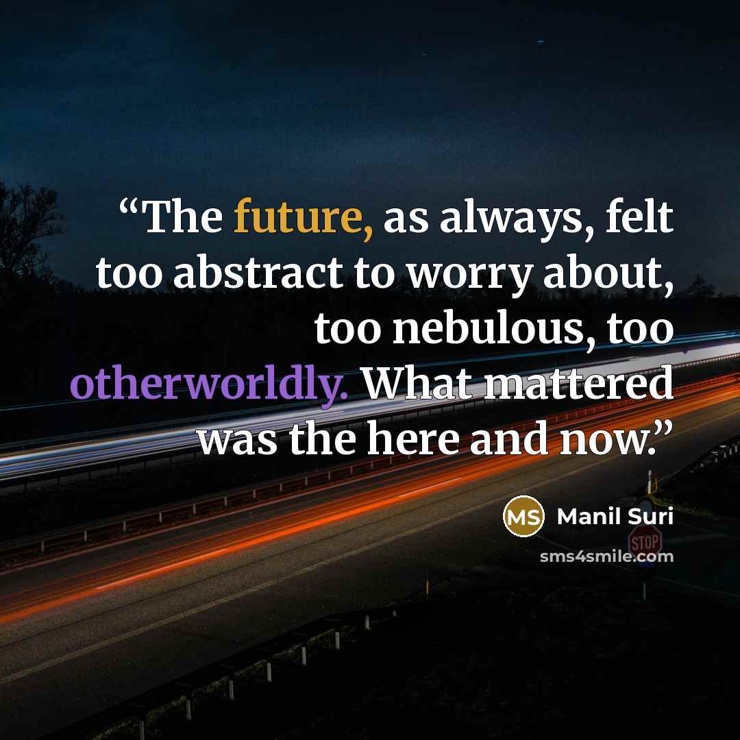“The future, as always, felt too abstract to worry about, too nebulous, too otherworldly. What mattered was the here and now.” quote by Manil Suri