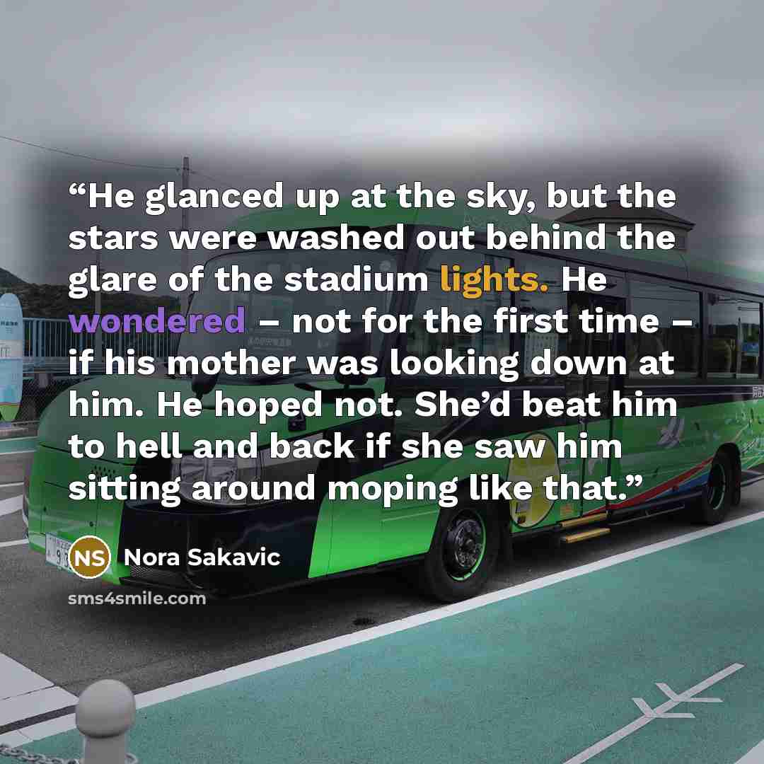 “He glanced up at the sky, but the stars were washed out behind the glare of the stadium lights. He wondered – not for the first time – if his mother was looking down at him. He hoped not. She’d beat him to hell and back if she saw him sitting around moping like that.” quote by Nora Sakavic