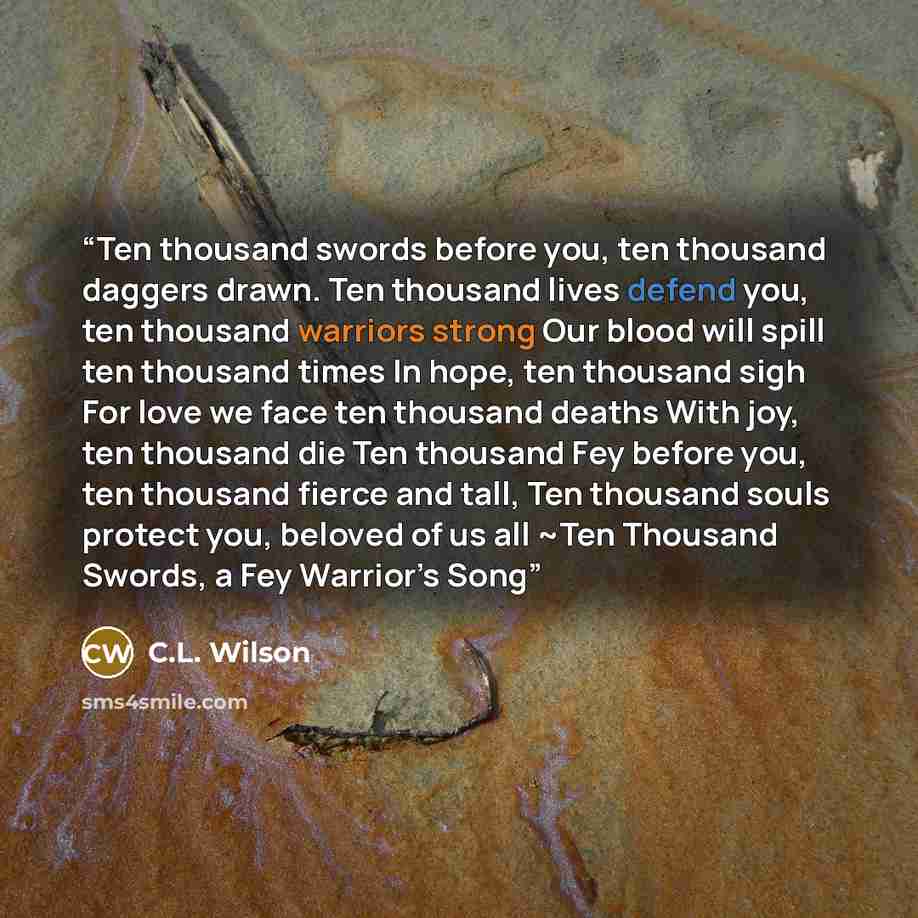 “Ten thousand swords before you, ten thousand daggers drawn. Ten thousand lives defend you, ten thousand warriors strong Our blood will spill ten thousand times In hope, ten thousand sigh For love we face ten thousand deaths With joy, ten thousand die Ten thousand Fey before you, ten thousand…” quote by C.L. Wilson