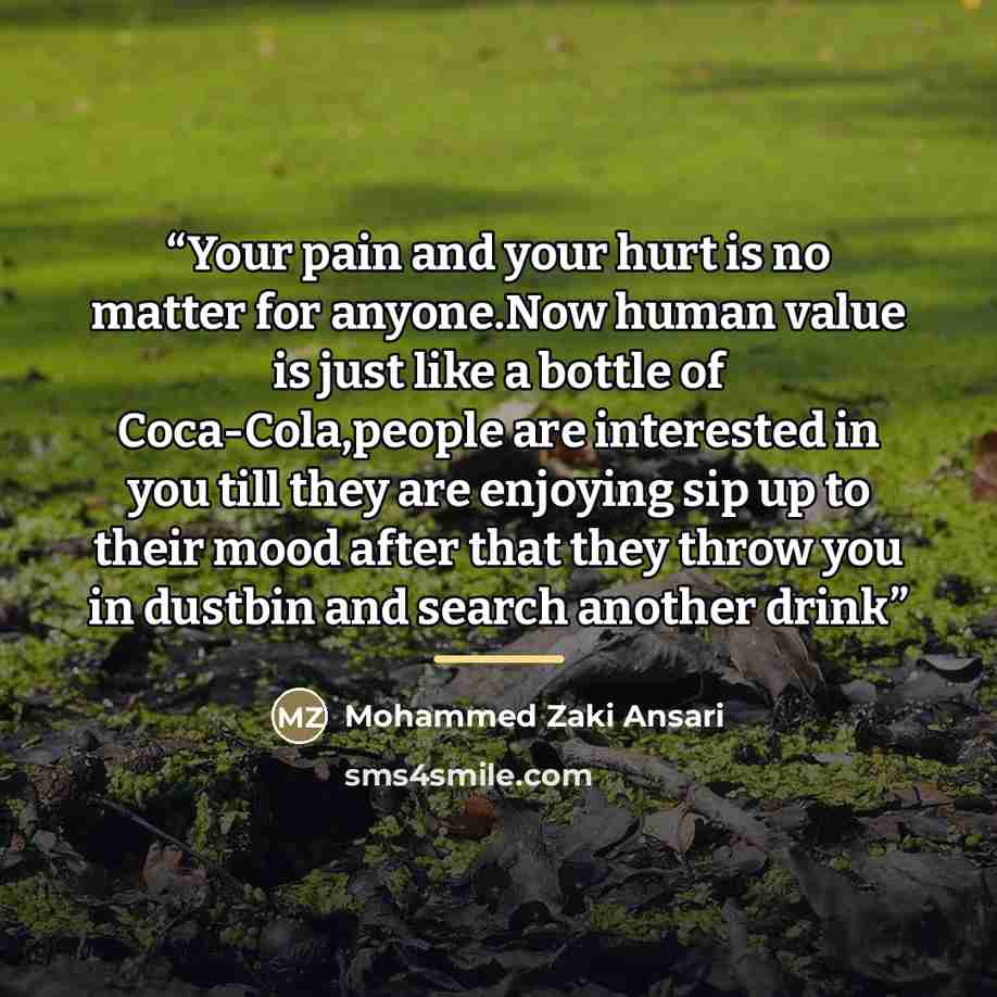 “Your pain and your hurt is no matter for anyone.Now human value is just like a bottle of Coca-Cola,people are interested in you till they are enjoying sip up to their mood after that they throw you in dustbin and search another drink” quote by Mohammed Zaki Ansari