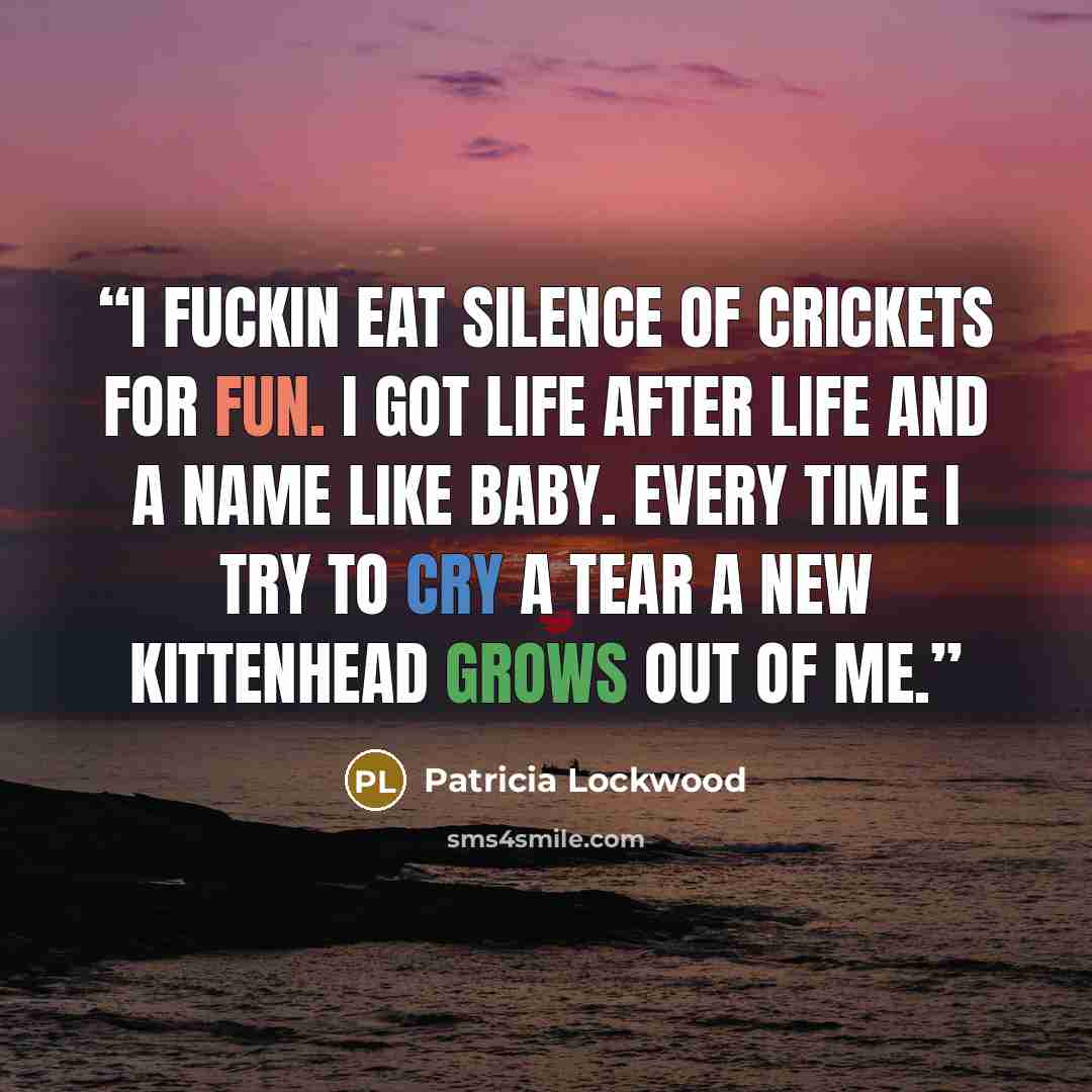 “I fuckin eat silence of crickets for fun. I got life after life and a name like Baby. Every time I try to cry a tear a new kittenhead grows out of me.” quote by Patricia Lockwood