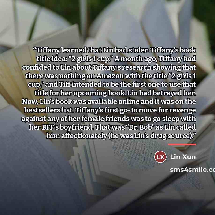 “Tiffany learned that Lin had stolen Tiffany’s book title idea: “2 girls 1 cup.” A month ago, Tiffany had confided to Lin about Tiffany’s research showing that there was nothing on Amazon with the title “2 girls 1 cup,” and Tiff intended to be the first one to use that title for her upcoming book…” quote by Lin Xun