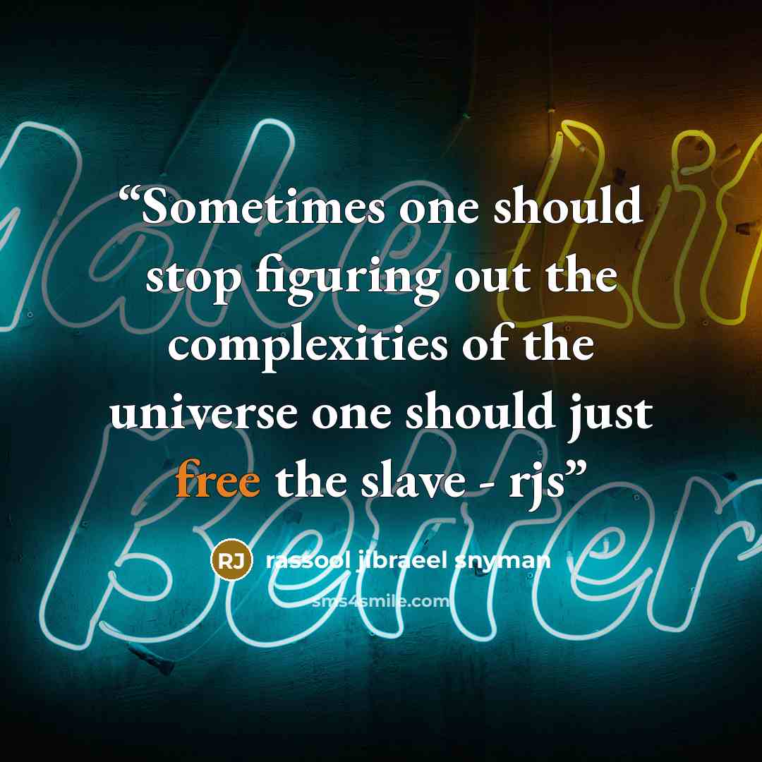 “Sometimes one should stop figuring out the complexities of the universe one should just free the slave - rjs” quote by rassool jibraeel snyman
