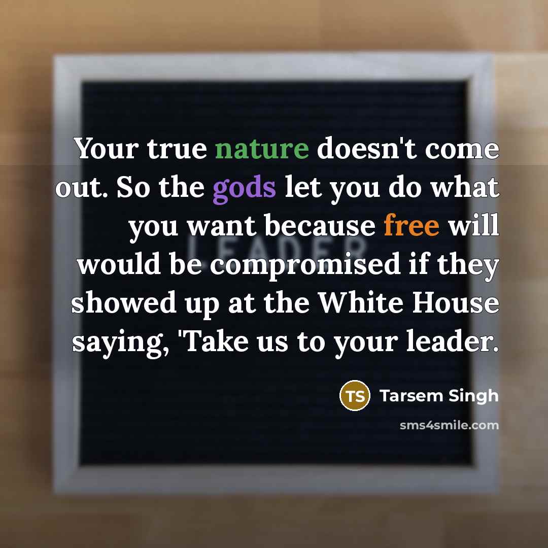 “Your true nature doesn't come out. So the gods let you do what you want because free will would be compromised if they showed up at the White House saying, 'Take us to your leader.” quote by Tarsem Singh