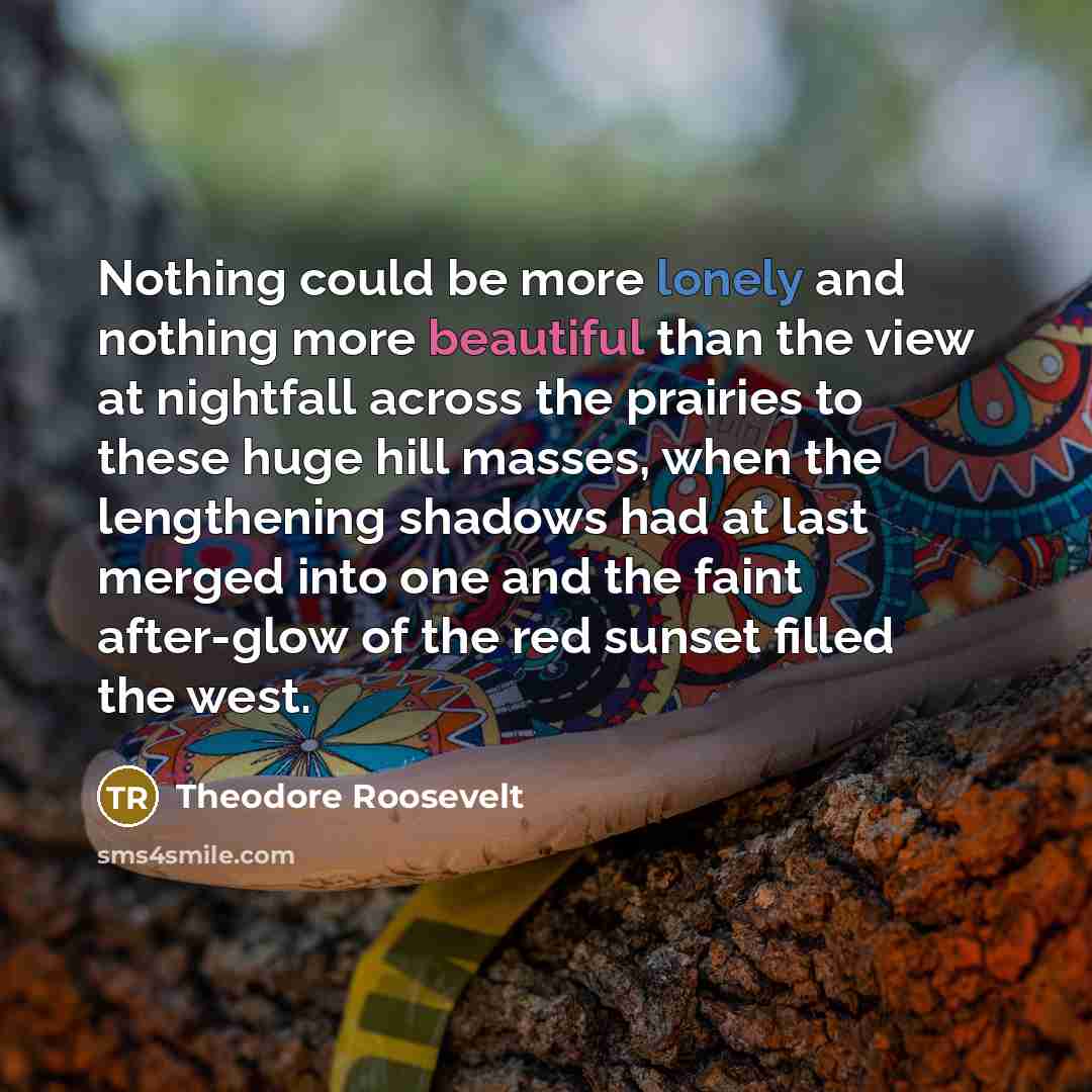 “Nothing could be more lonely and nothing more beautiful than the view at nightfall across the prairies to these huge hill masses, when the lengthening shadows had at last merged into one and the faint after-glow of the red sunset filled the west.” quote by Theodore Roosevelt
