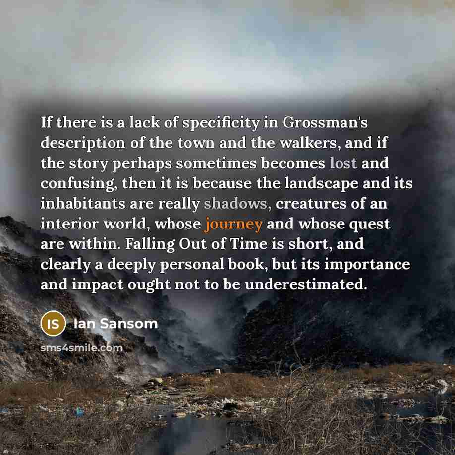 “If there is a lack of specificity in Grossman's description of the town and the walkers, and if the story perhaps sometimes becomes lost and confusing, then it is because the landscape and its inhabitants are really shadows, creatures of an interior world, whose journey and whose quest are within…” quote by Ian Sansom