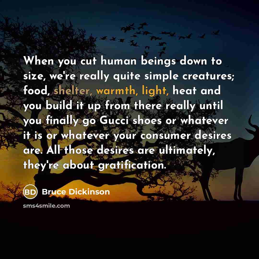 “When you cut human beings down to size, we're really quite simple creatures; food, shelter, warmth, light, heat and you build it up from there really until you finally go Gucci shoes or whatever it is or whatever your consumer desires are. All those desires are ultimately, they're about…” quote by Bruce Dickinson