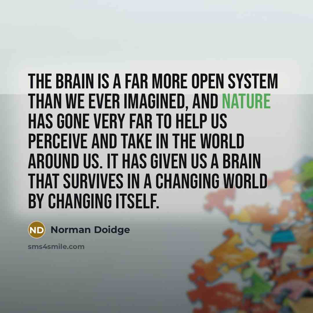 “The brain is a far more open system than we ever imagined, and nature has gone very far to help us perceive and take in the world around us. It has given us a brain that survives in a changing world by changing itself.” quote by Norman Doidge