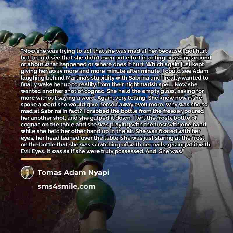 “Now she was trying to act that she was mad at her because I got hurt but I could see that she didn’t even put effort in acting or asking around or about what happened or where does it hurt. Which again just kept giving her away more and more minute after minute, I could see Adam laughing behind…” quote by Tomas Adam Nyapi