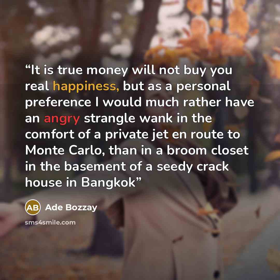 “It is true money will not buy you real happiness, but as a personal preference I would much rather have an angry strangle wank in the comfort of a private jet en route to Monte Carlo, than in a broom closet in the basement of a seedy crack house in Bangkok” quote by Ade Bozzay