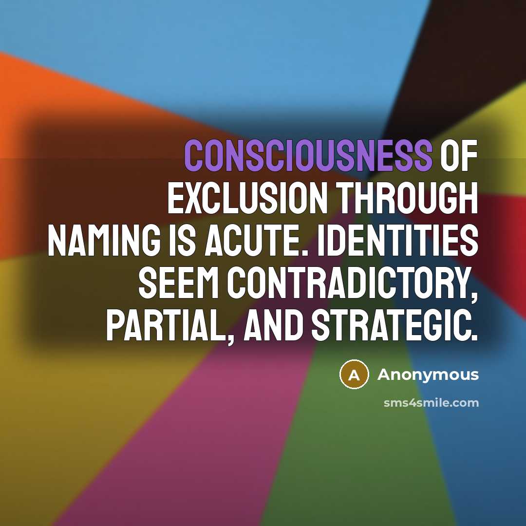 “Consciousness of exclusion through naming is acute. Identities seem contradictory, partial, and strategic.” quote by Anonymous