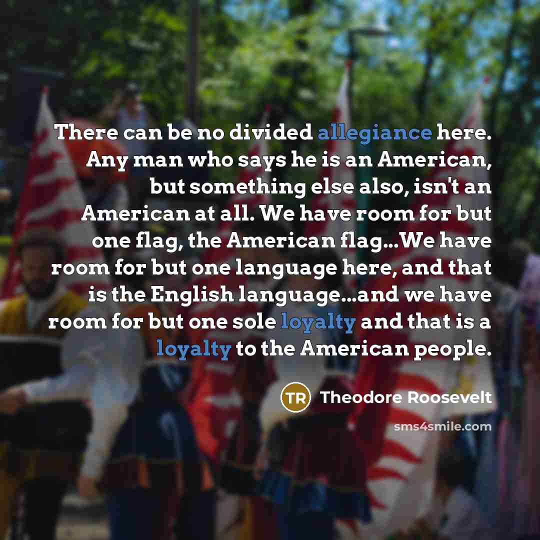 “There can be no divided allegiance here. Any man who says he is an American, but something else also, isn't an American at all. We have room for but one flag, the American flag...We have room for but one language here, and that is the English language...and we have room for but one sole loyalty…” quote by Theodore Roosevelt