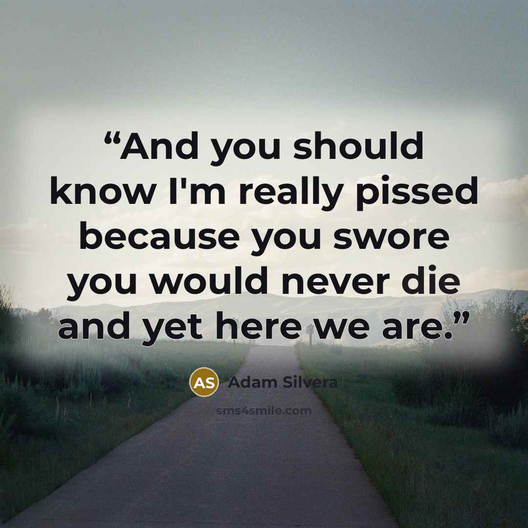 “And you should know I'm really pissed because you swore you would never die and yet here we are.” quote by Adam Silvera