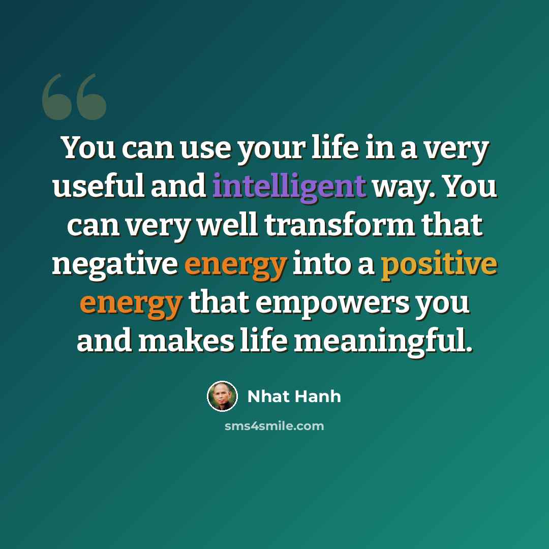 “You can use your life in a very useful and intelligent way. You can very well transform that negative energy into a positive energy that empowers you and makes life meaningful.” quote by Nhat Hanh