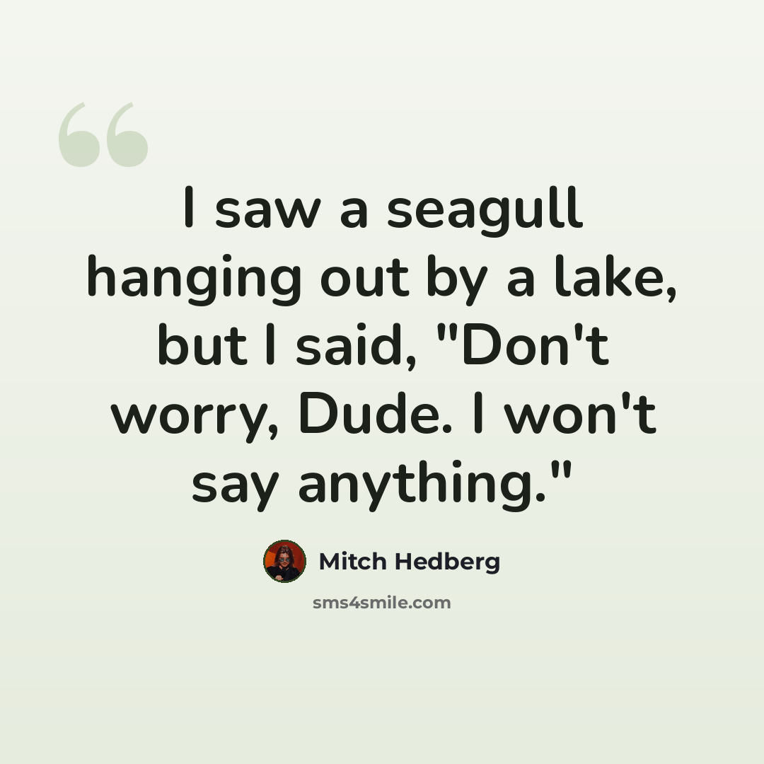 “I saw a seagull hanging out by a lake, but I said, "Don't worry, Dude. I won't say anything."” quote by Mitch Hedberg