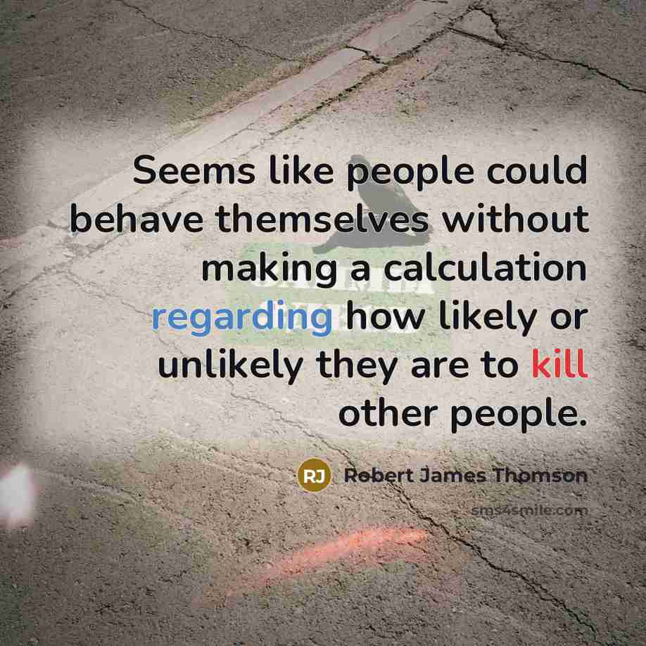 “Seems like people could behave themselves without making a calculation regarding how likely or unlikely they are to kill other people.” quote by Robert James Thomson