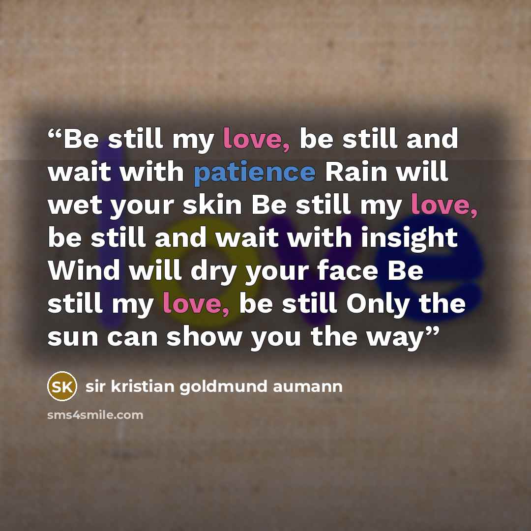 “Be still my love, be still and wait with patience Rain will wet your skin Be still my love, be still and wait with insight Wind will dry your face Be still my love, be still Only the sun can show you the way” quote by sir kristian goldmund aumann
