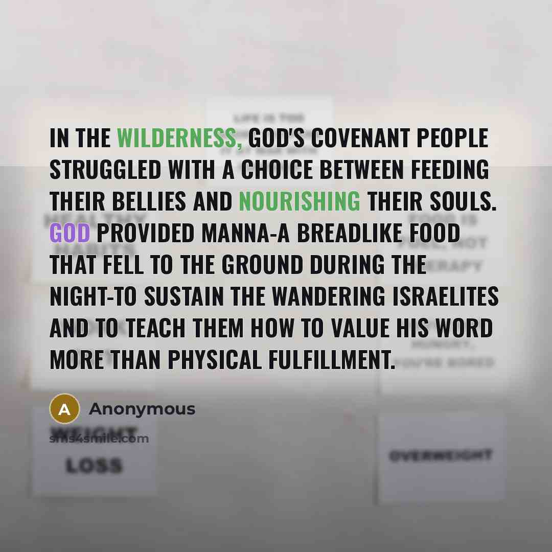 “In the wilderness, God's covenant people struggled with a choice between feeding their bellies and nourishing their souls. God provided manna-a breadlike food that fell to the ground during the night-to sustain the wandering Israelites and to teach them how to value His Word more than physical…” quote by Anonymous