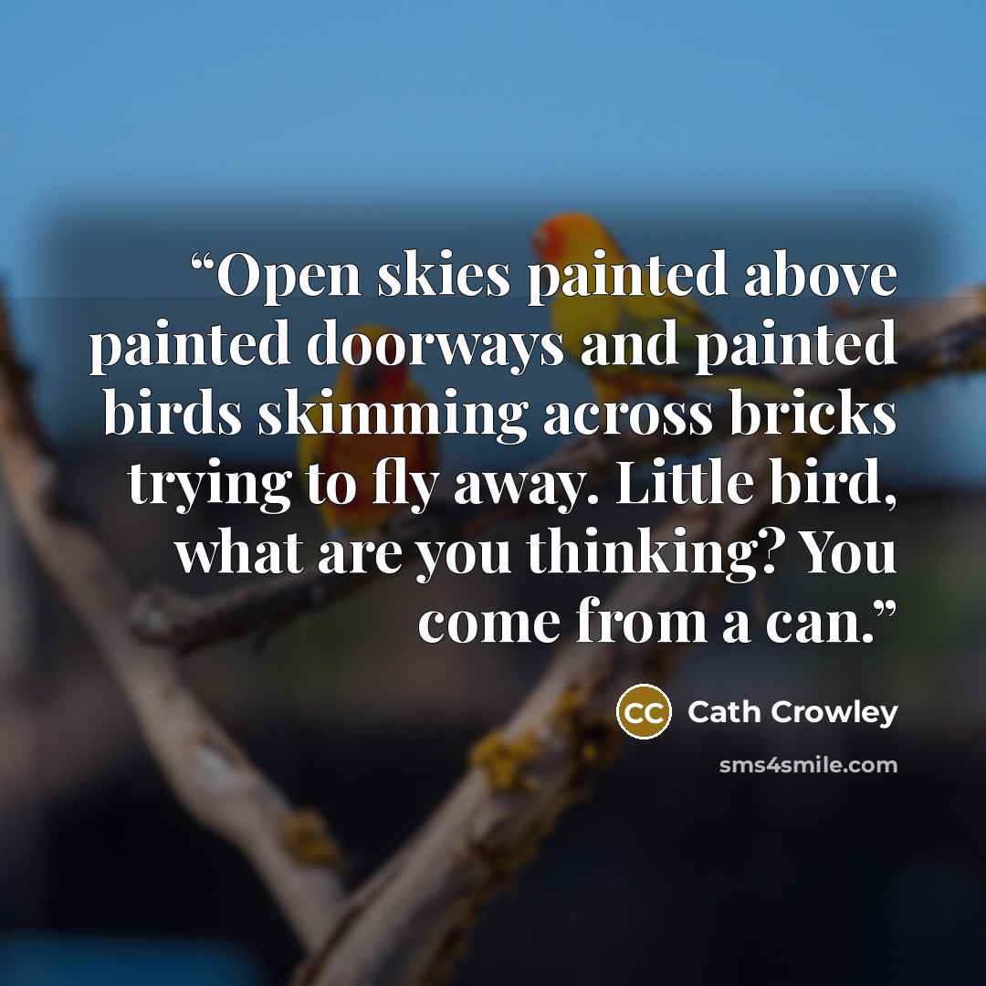 “Open skies painted above painted doorways and painted birds skimming across bricks trying to fly away. Little bird, what are you thinking? You come from a can.” quote by Cath Crowley