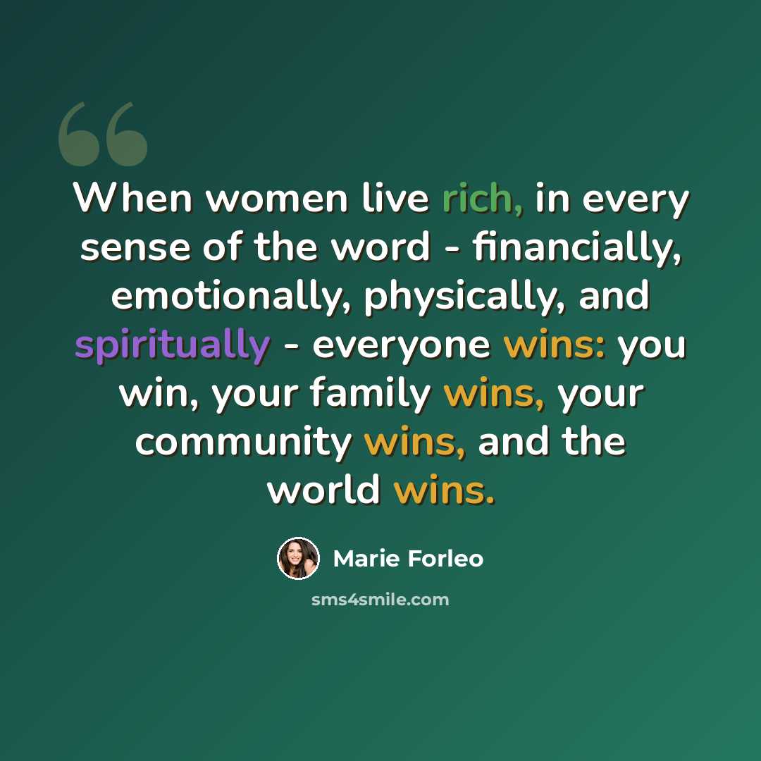 “When women live rich, in every sense of the word - financially, emotionally, physically, and spiritually - everyone wins: you win, your family wins, your community wins, and the world wins.” quote by Marie Forleo