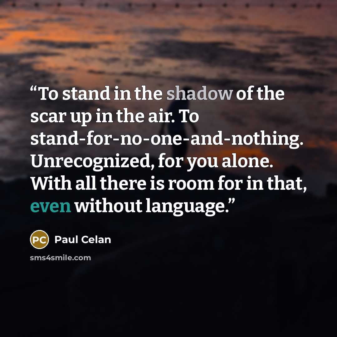 “To stand in the shadow of the scar up in the air. To stand-for-no-one-and-nothing. Unrecognized, for you alone. With all there is room for in that, even without language.” quote by Paul Celan