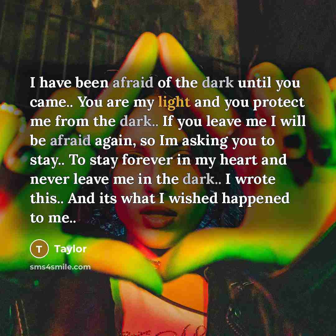“I have been afraid of the dark until you came.. You are my light and you protect me from the dark.. If you leave me I will be afraid again, so Im asking you to stay.. To stay forever in my heart and never leave me in the dark.. I wrote this.. And its what I wished happened to me..” quote by Taylor