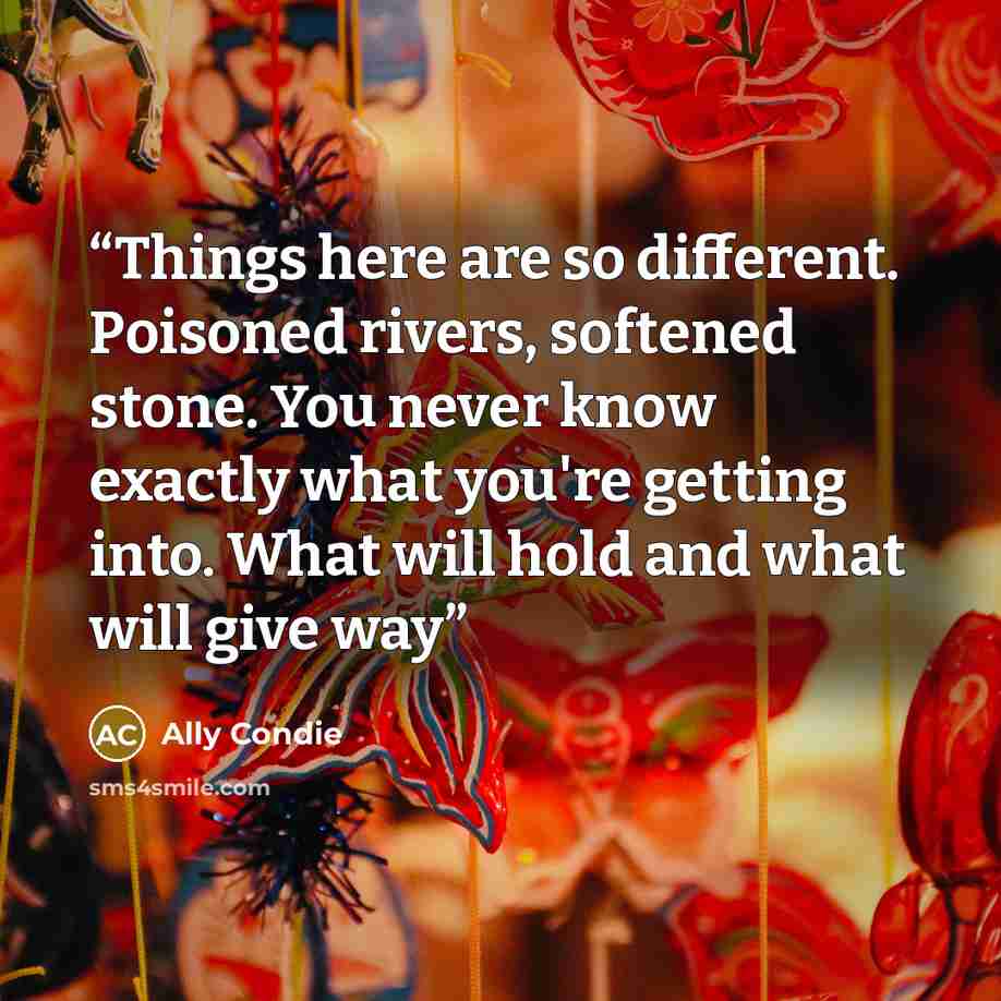 “Things here are so different. Poisoned rivers, softened stone. You never know exactly what you're getting into. What will hold and what will give way” quote by Ally Condie