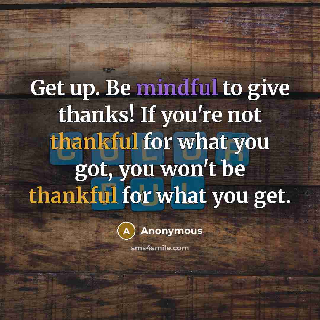 “Get up. Be mindful to give thanks! If you're not thankful for what you got, you won't be thankful for what you get.” quote by Anonymous