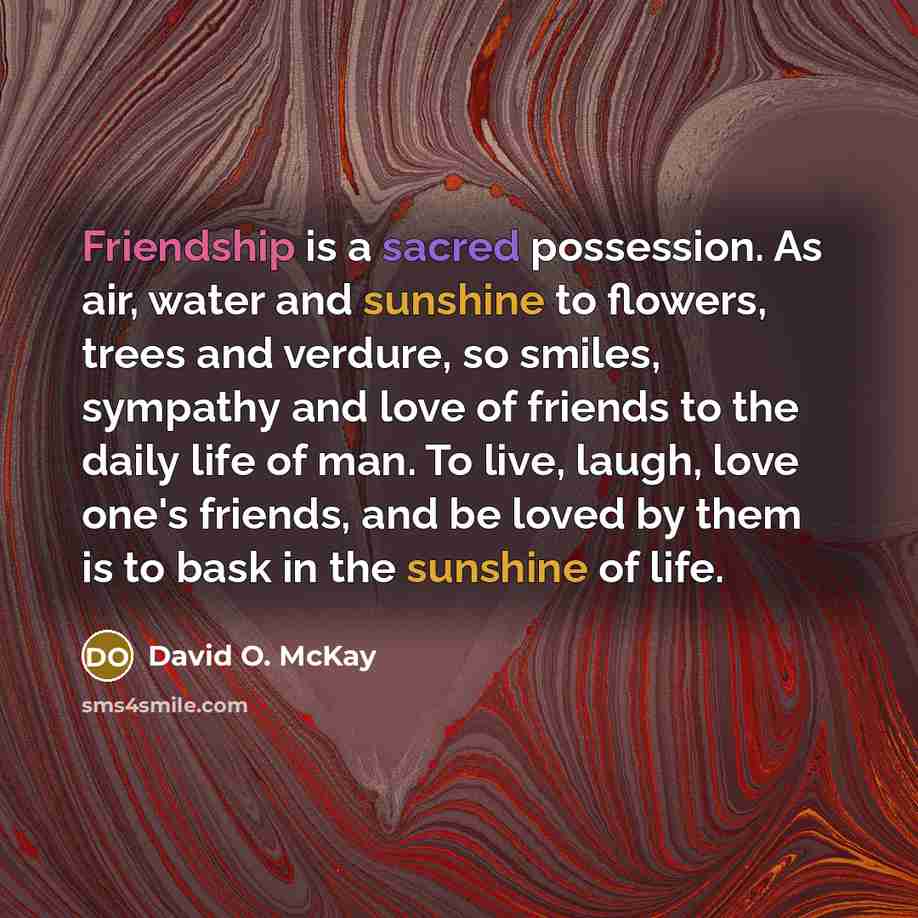“Friendship is a sacred possession. As air, water and sunshine to flowers, trees and verdure, so smiles, sympathy and love of friends to the daily life of man. To live, laugh, love one's friends, and be loved by them is to bask in the sunshine of life.” quote by David O. McKay