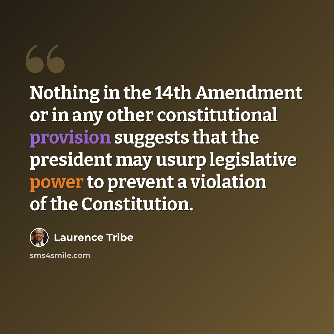 “Nothing in the 14th Amendment or in any other constitutional provision suggests that the president may usurp legislative power to prevent a violation of the Constitution.” quote by Laurence Tribe