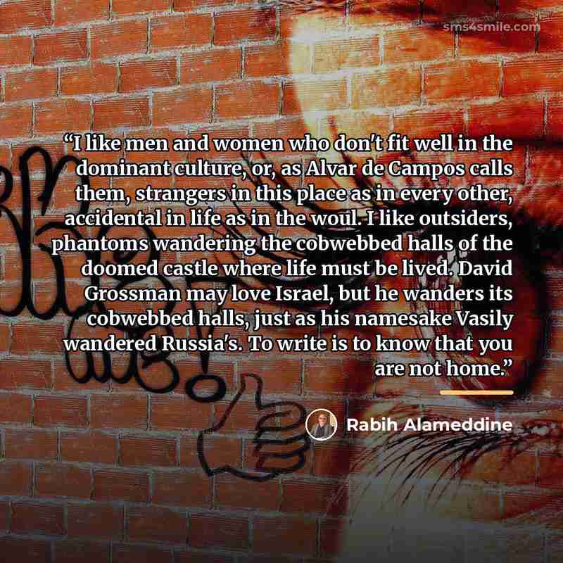 “I like men and women who don't fit well in the dominant culture, or, as Alvar de Campos calls them, strangers in this place as in every other, accidental in life as in the woul. I like outsiders, phantoms wandering the cobwebbed halls of the doomed castle where life must be lived. David Grossman…” quote by Rabih Alameddine