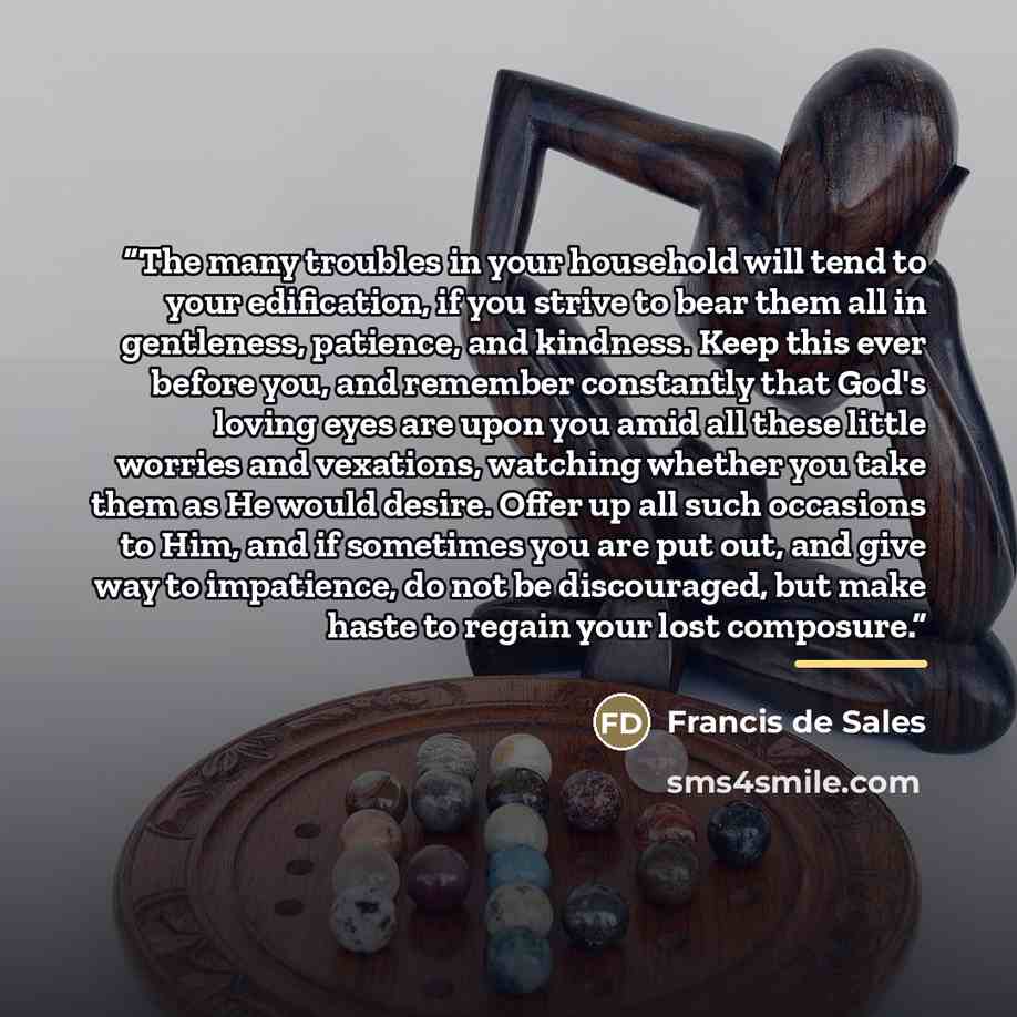 “The many troubles in your household will tend to your edification, if you strive to bear them all in gentleness, patience, and kindness. Keep this ever before you, and remember constantly that God's loving eyes are upon you amid all these little worries and vexations, watching whether you take…” quote by Francis De Sales