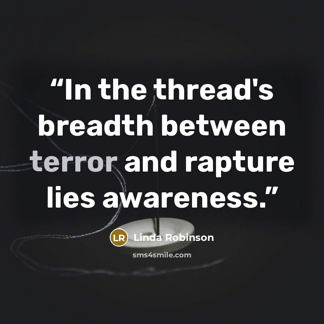 “In the thread's breadth between terror and rapture lies awareness.” quote by Linda Robinson