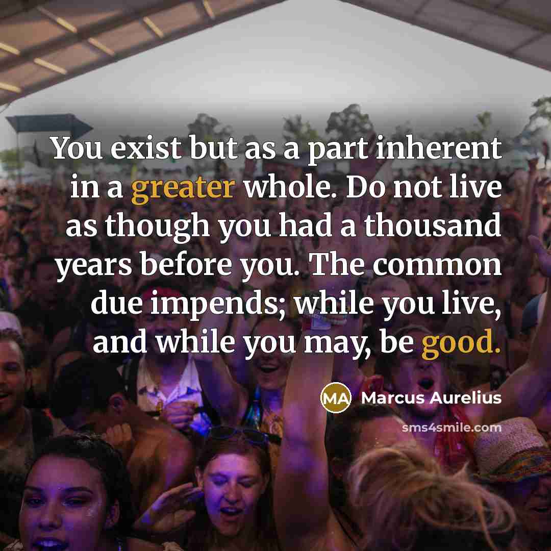 “You exist but as a part inherent in a greater whole. Do not live as though you had a thousand years before you. The common due impends; while you live, and while you may, be good.” quote by Marcus Aurelius